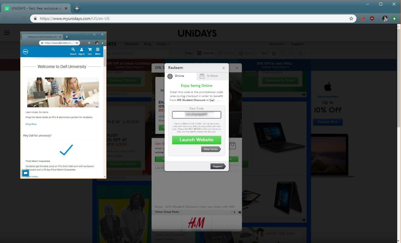 Скриншот купонной системы Dell Unidays.