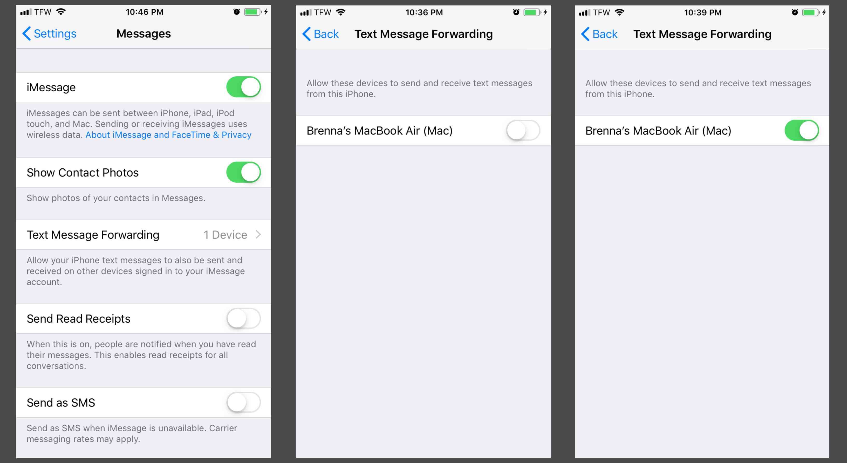 Скриншот пересылки текстовых сообщений на iPhone