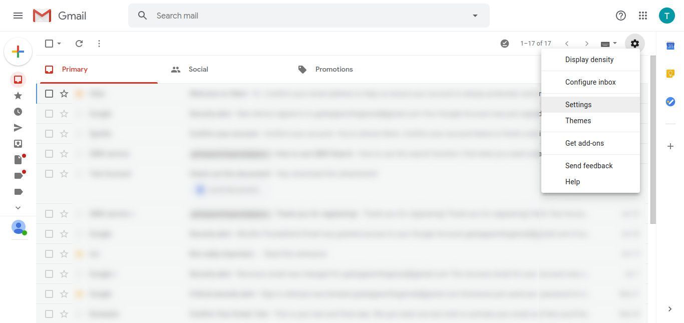 Меню настроек входящих сообщений Gmail