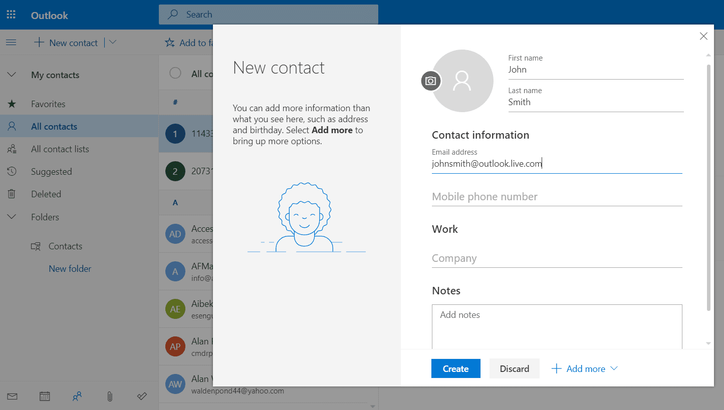 Снимок экрана добавления контакта в Outlook Online
