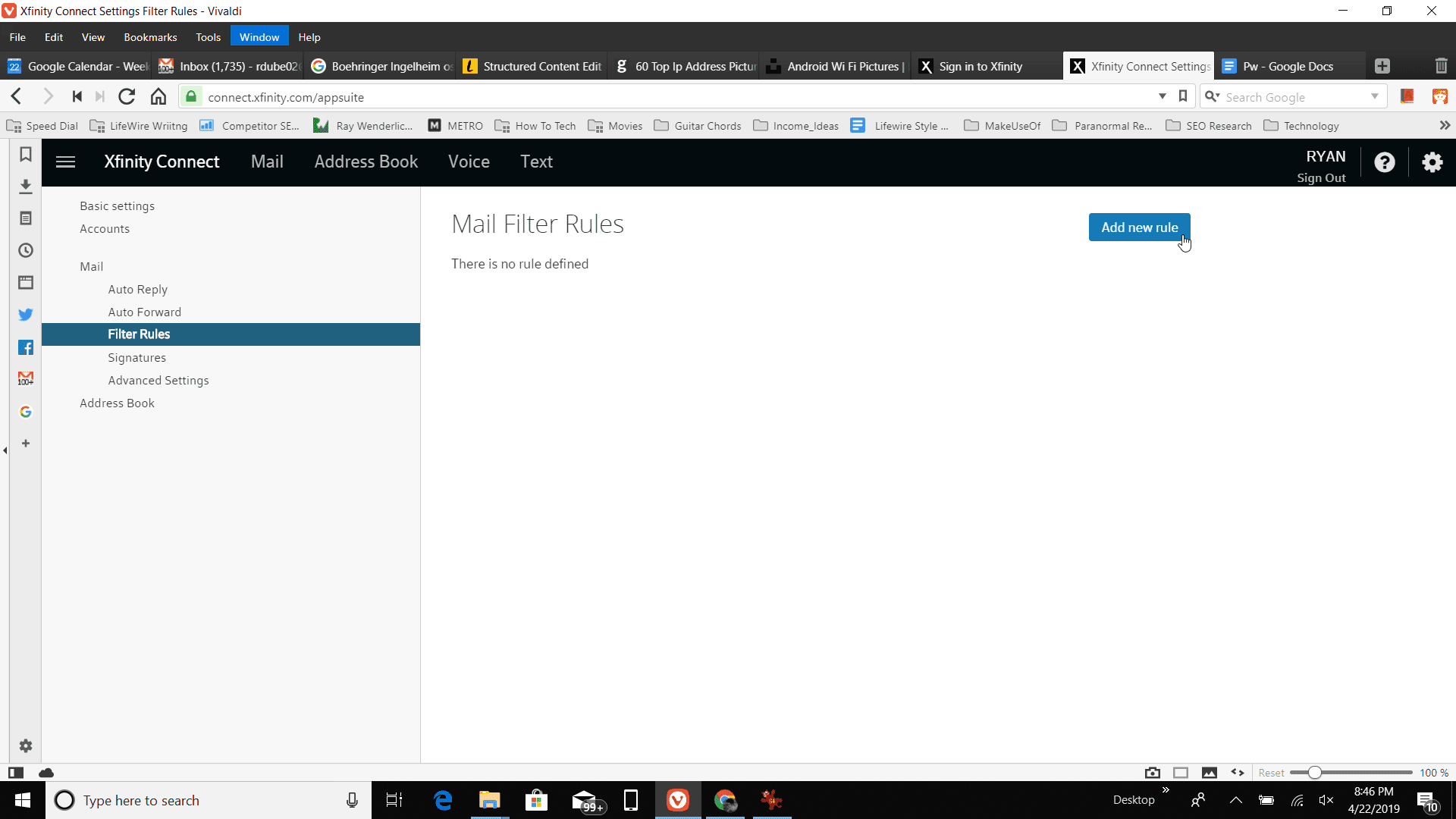 Снимок экрана добавления новых правил в Почте Xfinity