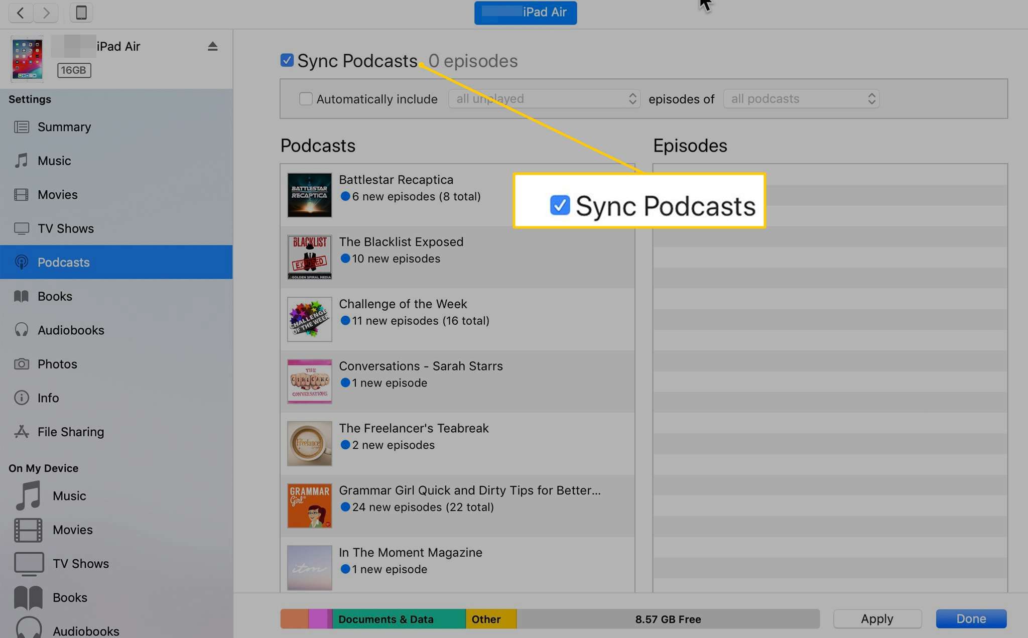 Флажок синхронизации подкастов в iTunes