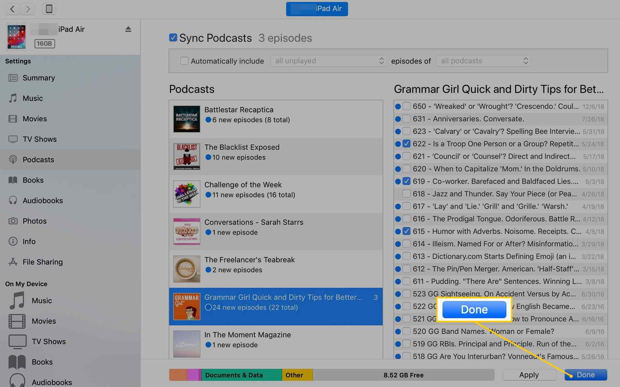 Кнопка «Готово» на экране синхронизации подкастов в iTunes