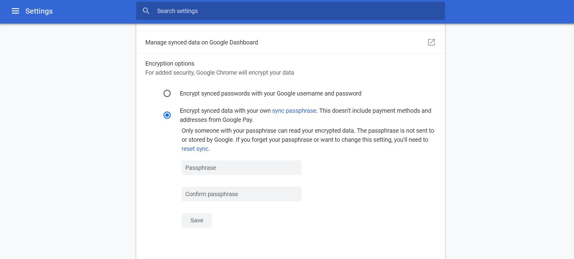 Опция браузера Chrome для создания парольной фразы синхронизации.