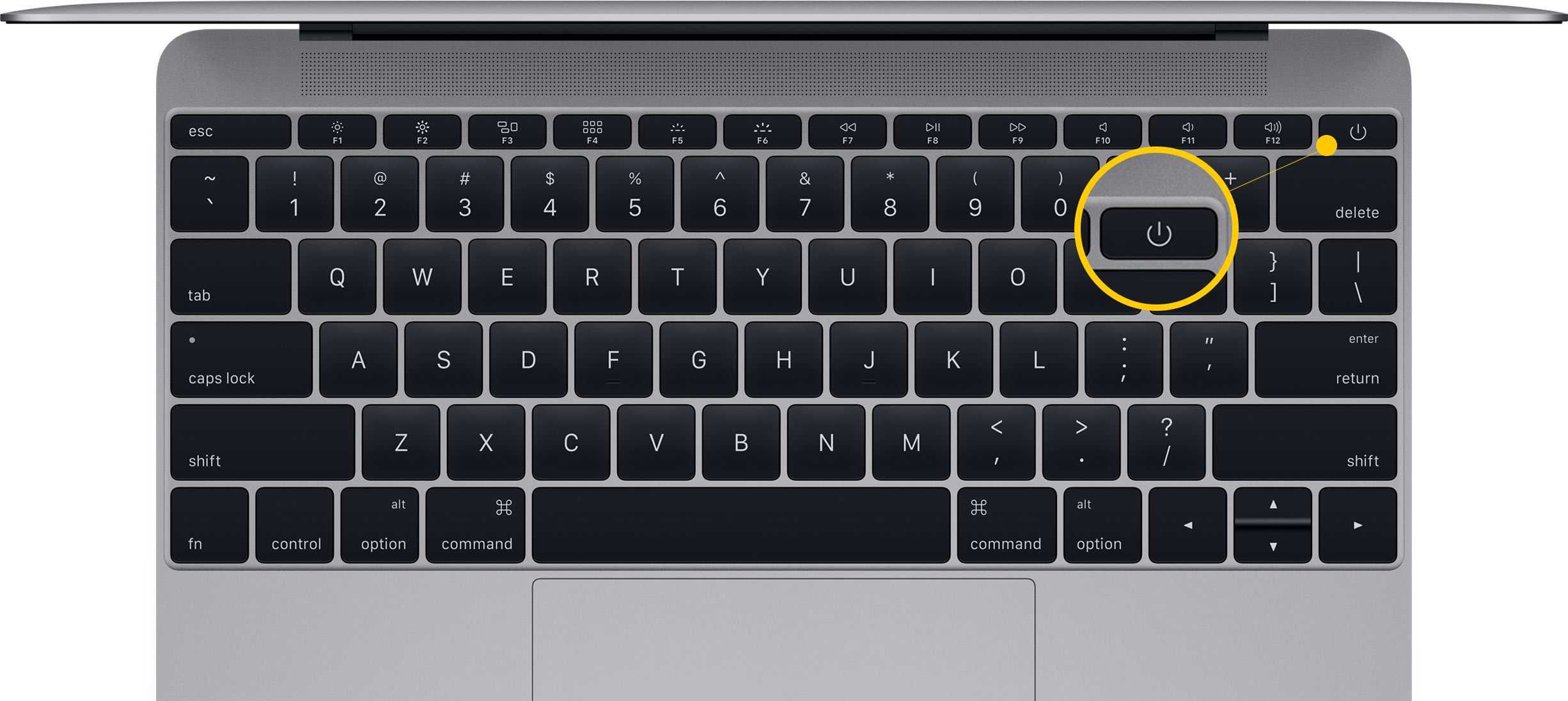 Кнопка включения MacBook в правом верхнем углу клавиатуры