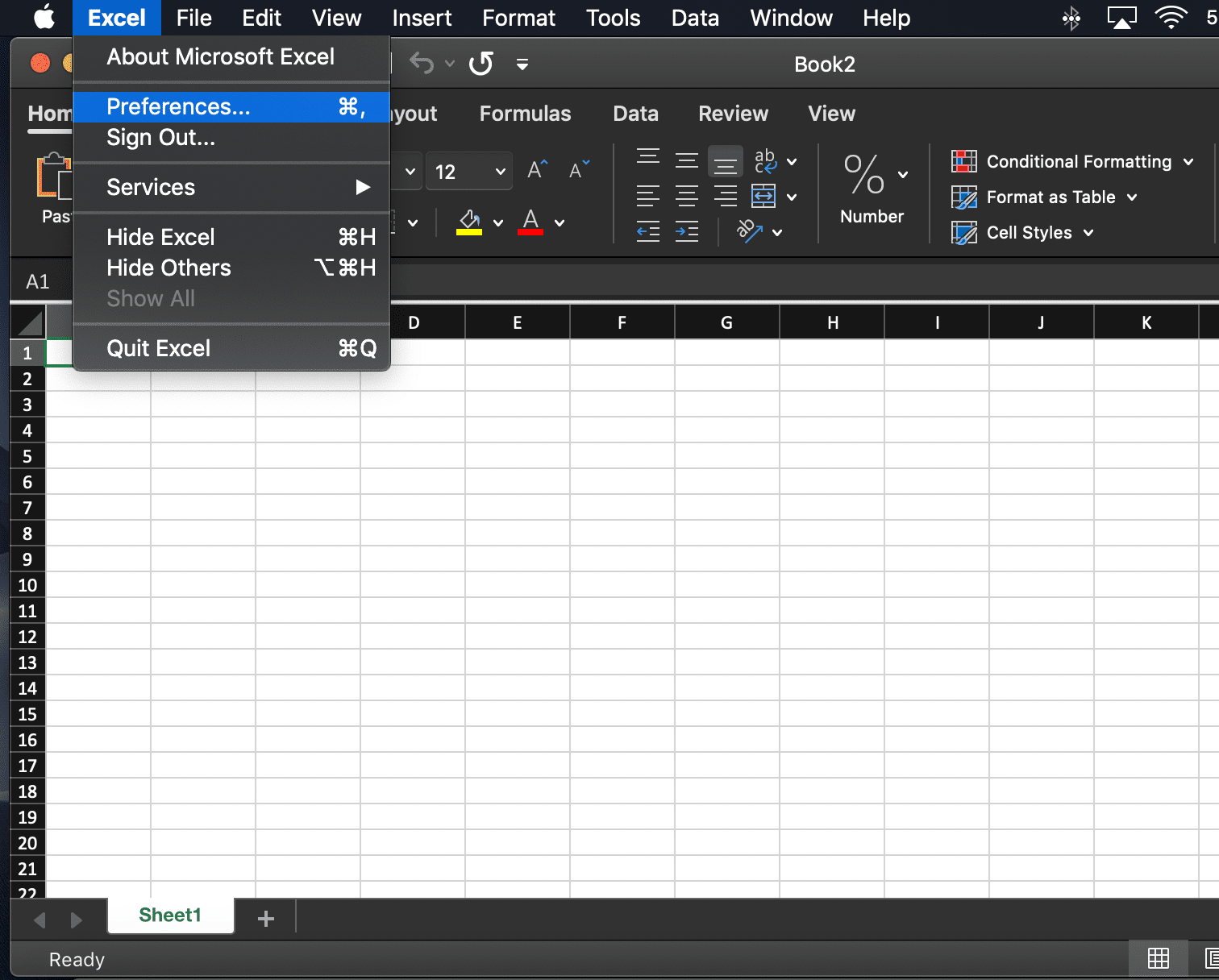 скриншот меню Excel в macOS