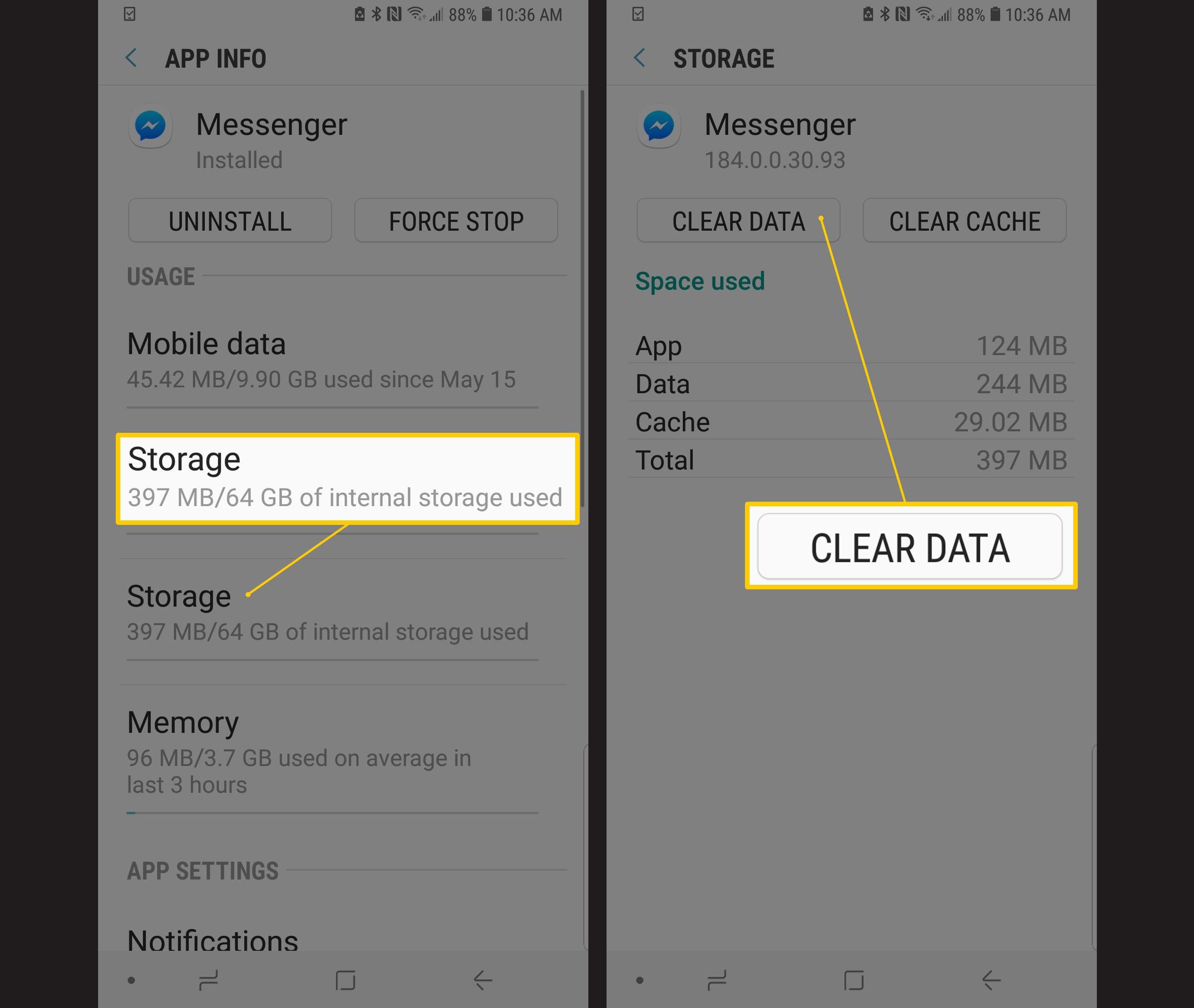 Снимки экрана, показывающие кнопки Messenger Storage и Clear Data на Android