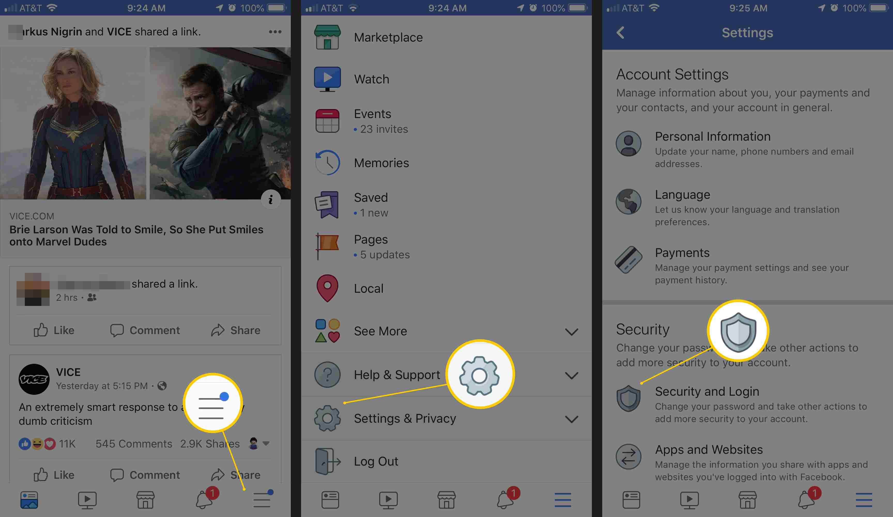 Три экрана iOS, на которых показано руководство приложения Facebook, Настройки и конфиденциальность, Безопасность и вход в систему