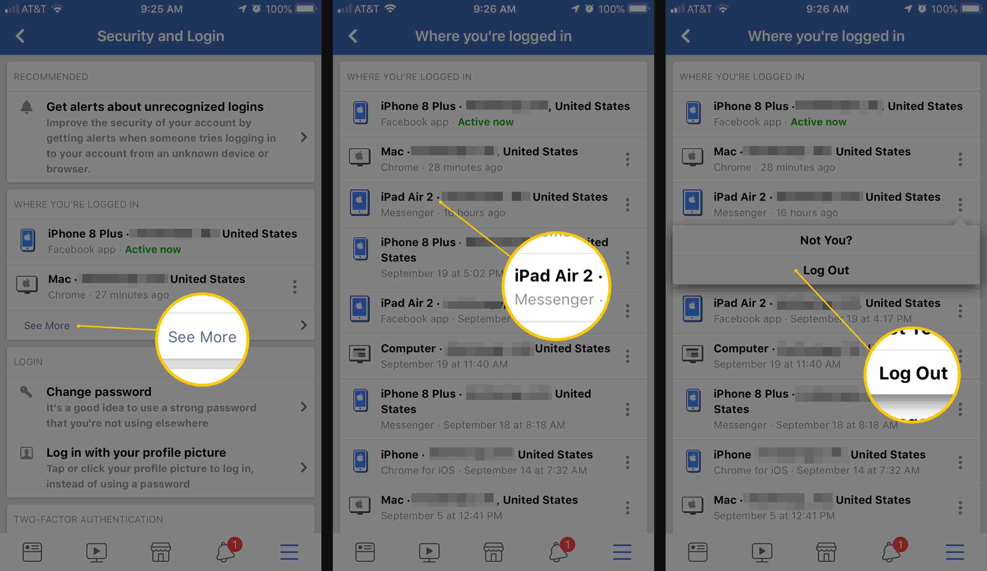 Три экрана iOS из приложения Facebook с кнопками «Подробнее», iPad Air 2 и «Выйти»