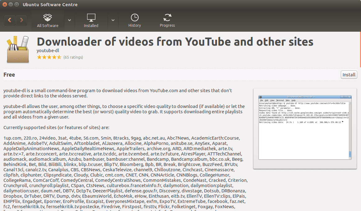 Установите youtube-dl из Центра программного обеспечения Ubuntu