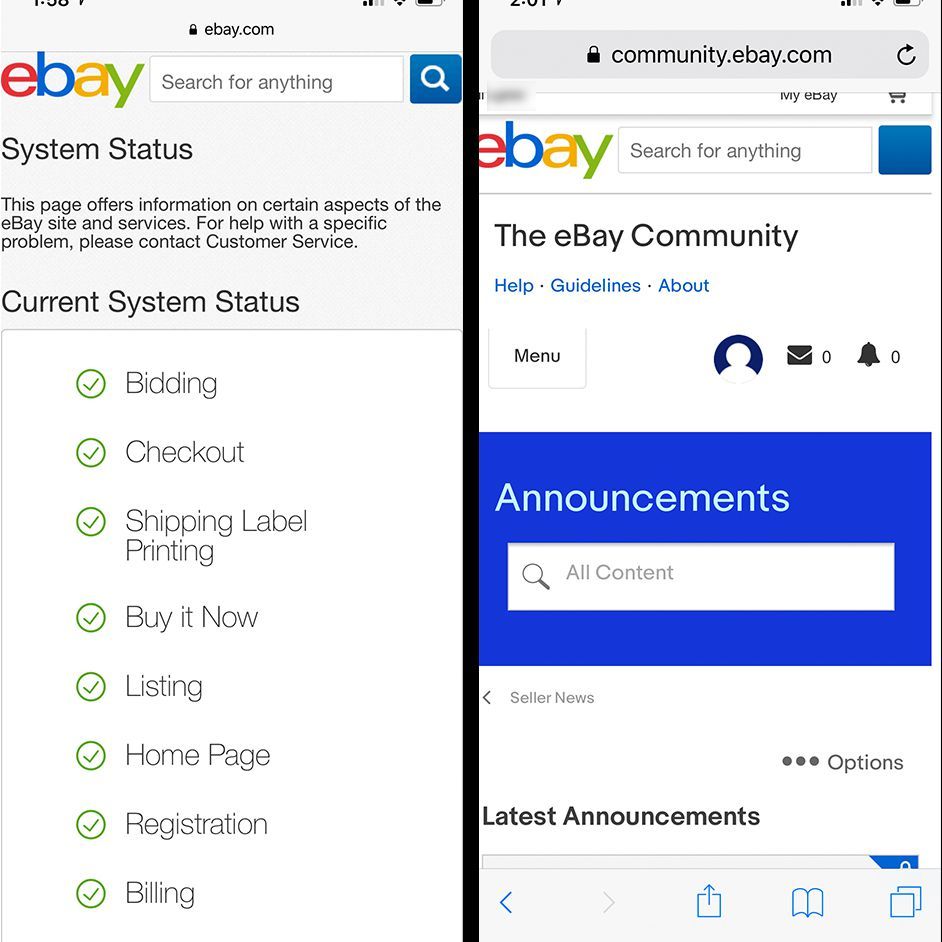 экраны мобильных браузеров eBay