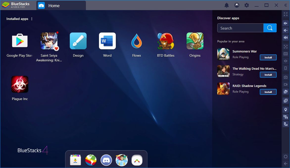Скриншот BlueStacks, с 7 иконками приложений, в дополнение к иконке Google Play Store