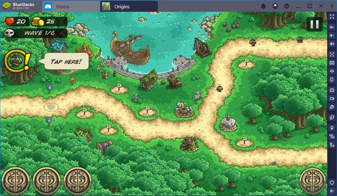 Снимок экрана BlueStacks, показывающий игру Kingdom Rush Origins на одной вкладке, а также вкладку Home.