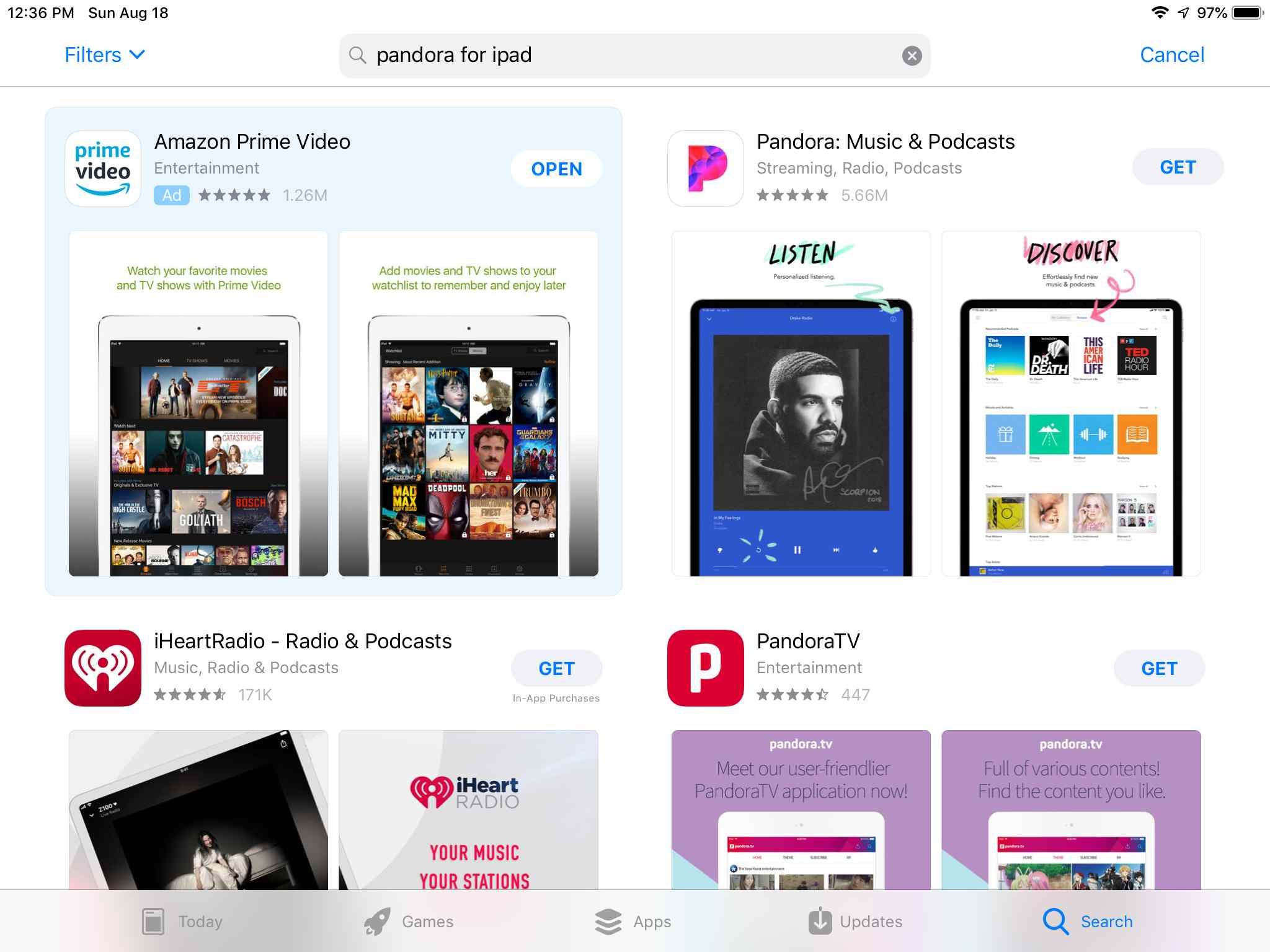 Результаты поиска для Pandora в App Store на iPad