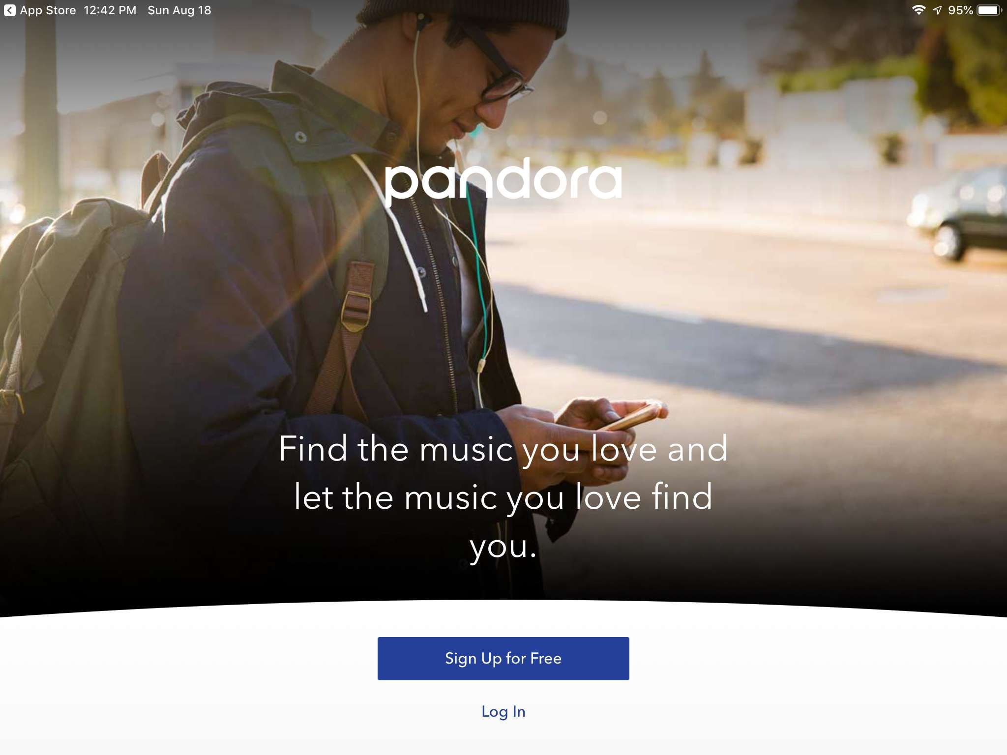 Открывающий экран Pandora в приложении для iPad