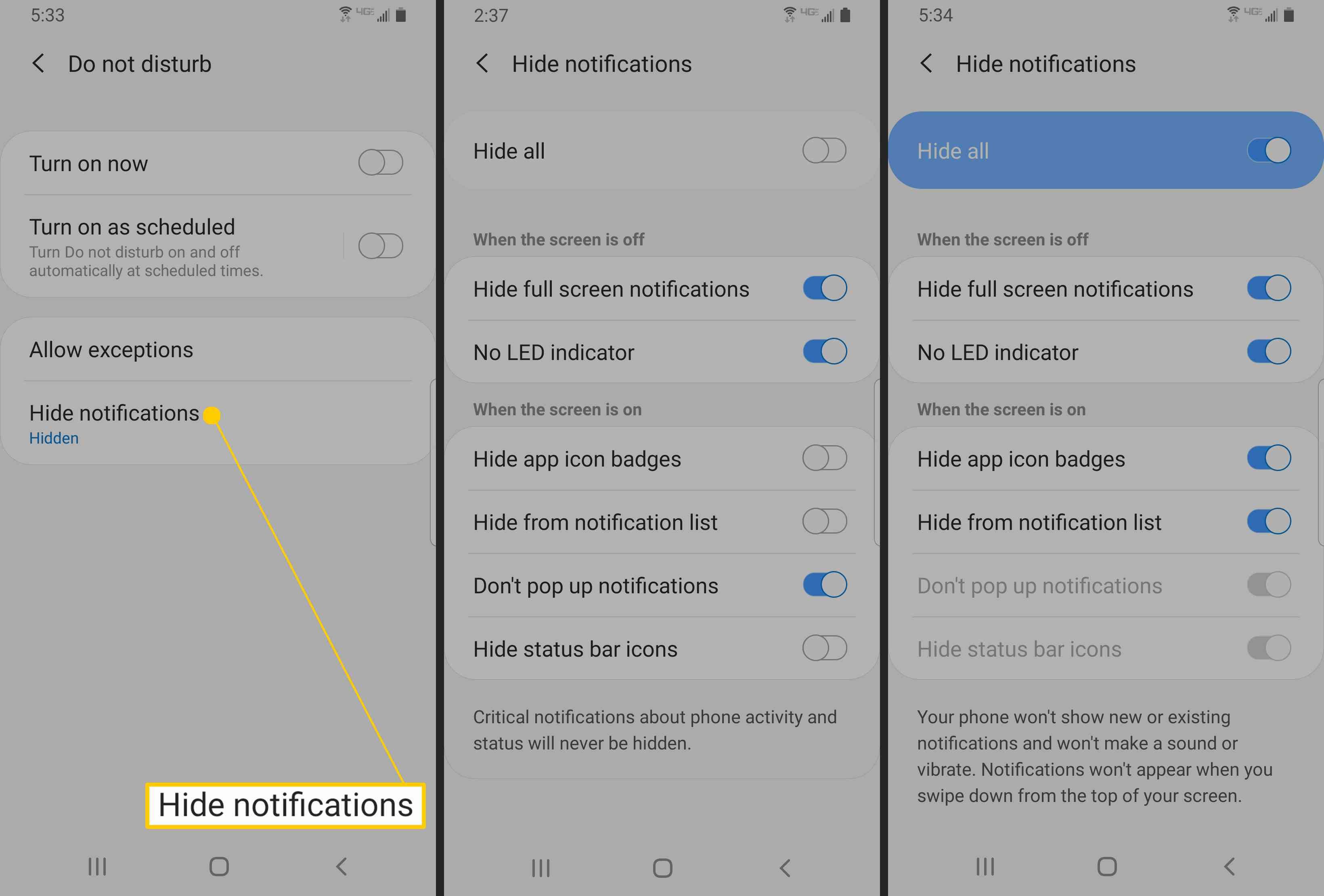 Samsung's do not disturb notification options.