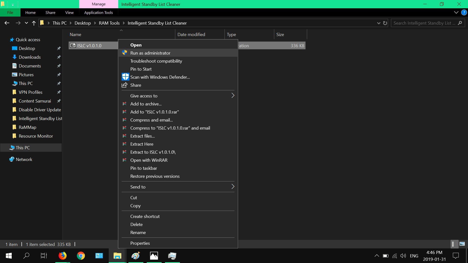 Скриншот ISLC's right-click menu in Windows 10.