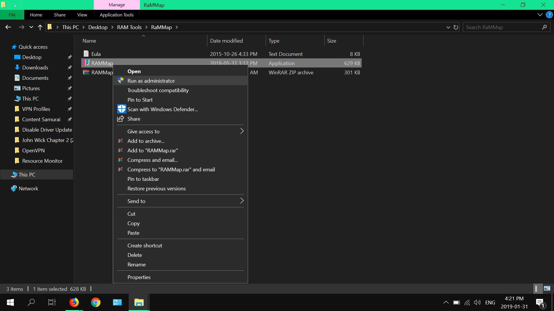 Снимок экрана с контекстным меню RaMMaps в Windows 10.