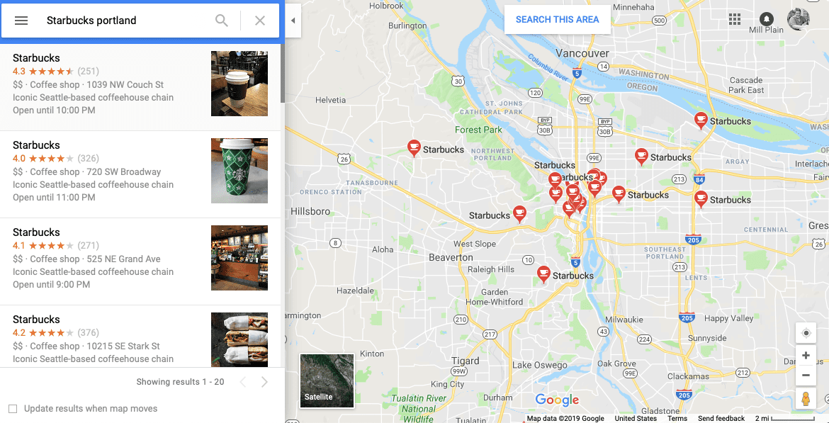 Снимок экрана бизнес-поиска в Google Maps на рабочем столе