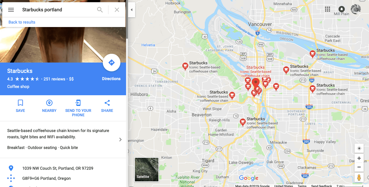Снимок экрана с информацией о компании Google на Картах Google на рабочем столе