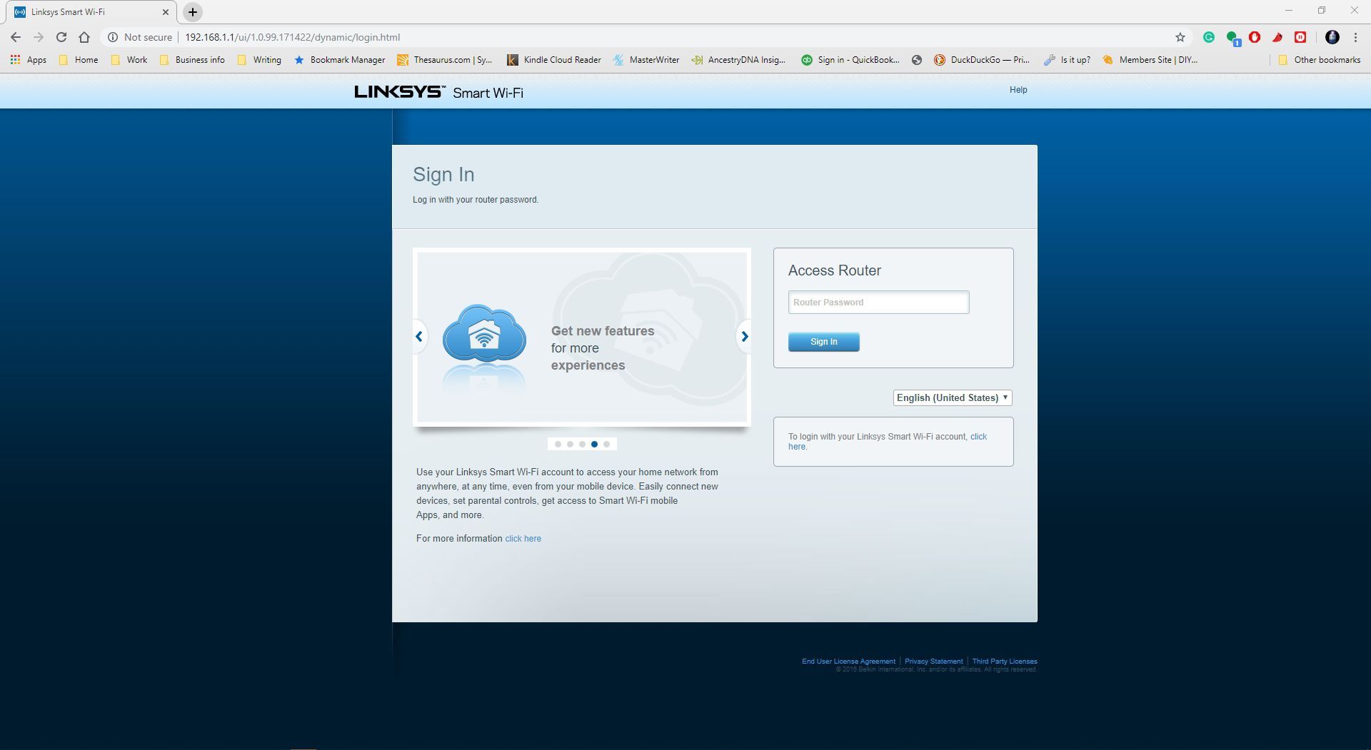 Веб-страница входа Linksys для маршрутизатора.