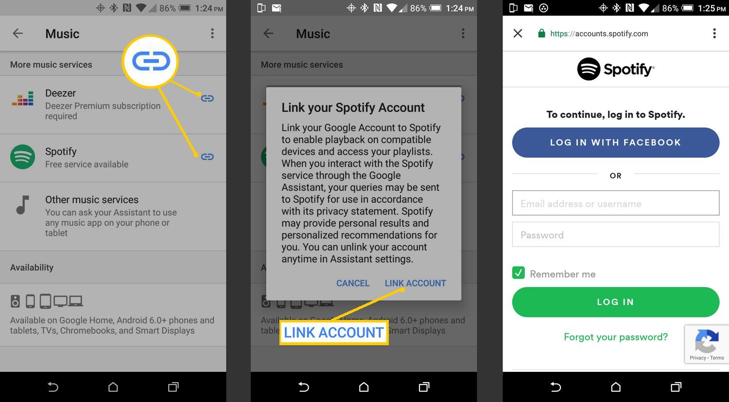 Google Home App - Служба Link Music - пример Spotify