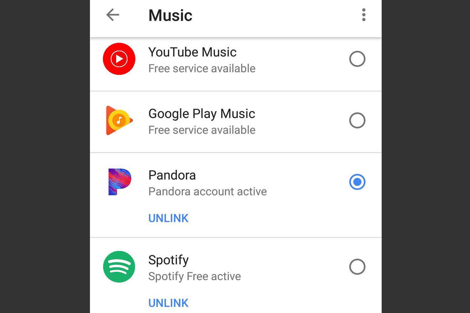 Google Home App - служба Unlink Music - пример Spotify
