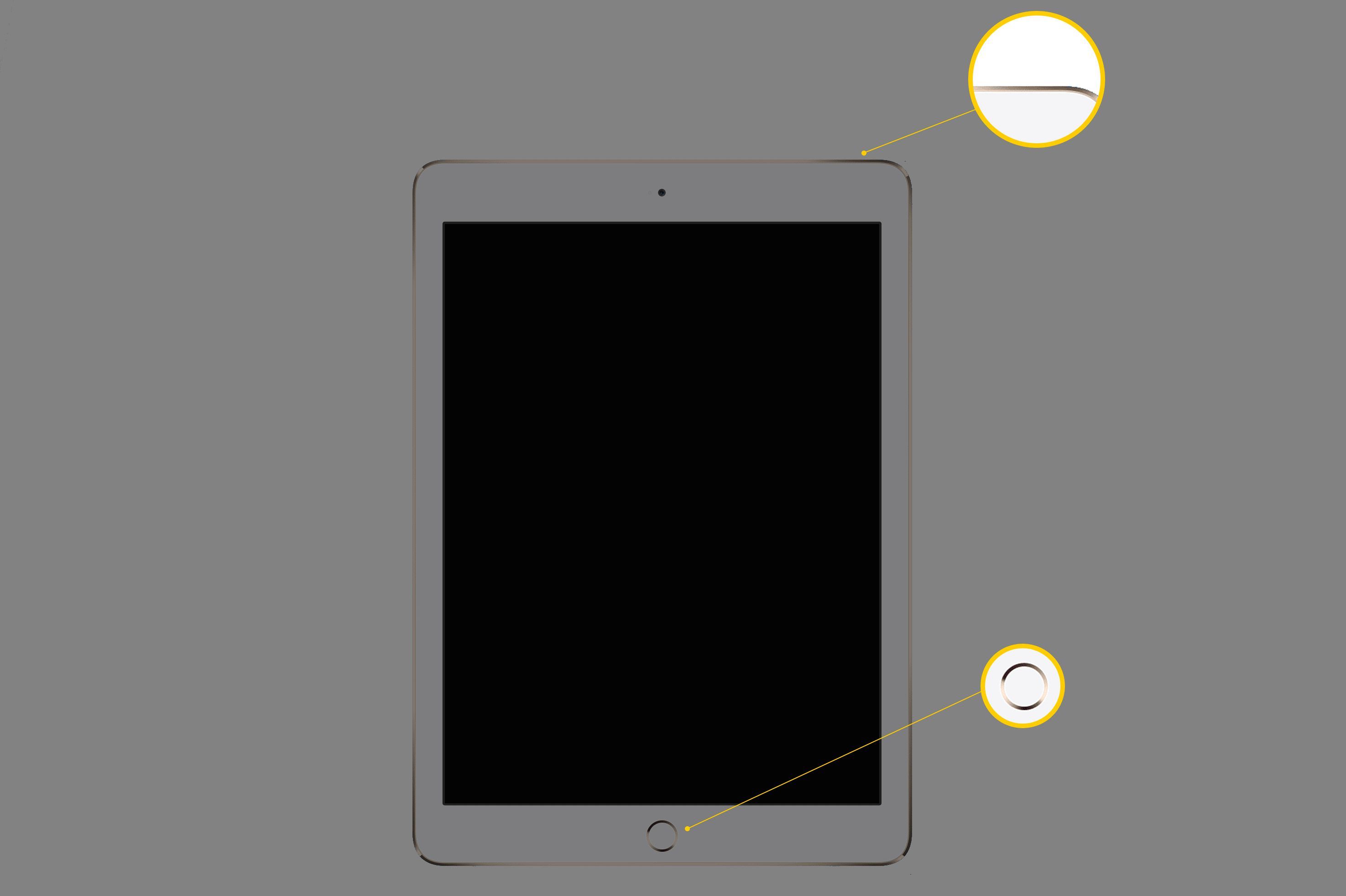 iPad с экраном, подсвечивающим кнопку «Режим сна / Пробуждение» в правом верхнем углу устройства и кнопку «Домой» в нижнем центре