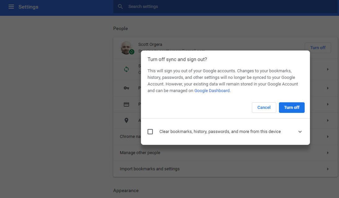 Снимок экрана с предупреждением об отключении синхронизации в Google Chrome для Windows 10