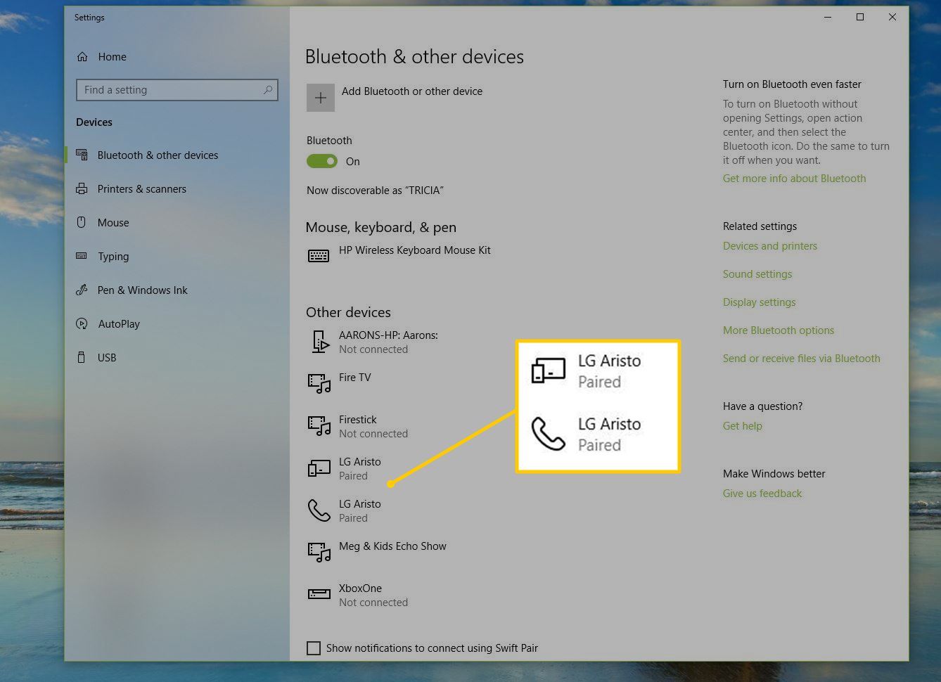 Устройства Bluetooth в настройках Windows 10