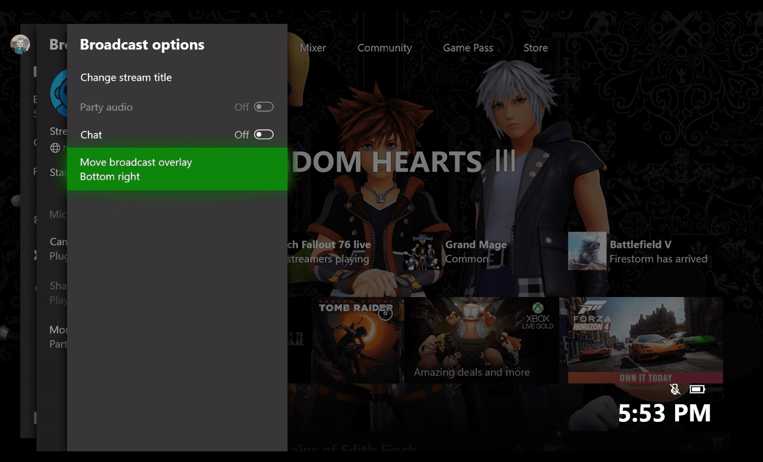 Меню параметров трансляции открыто в Xbox One.