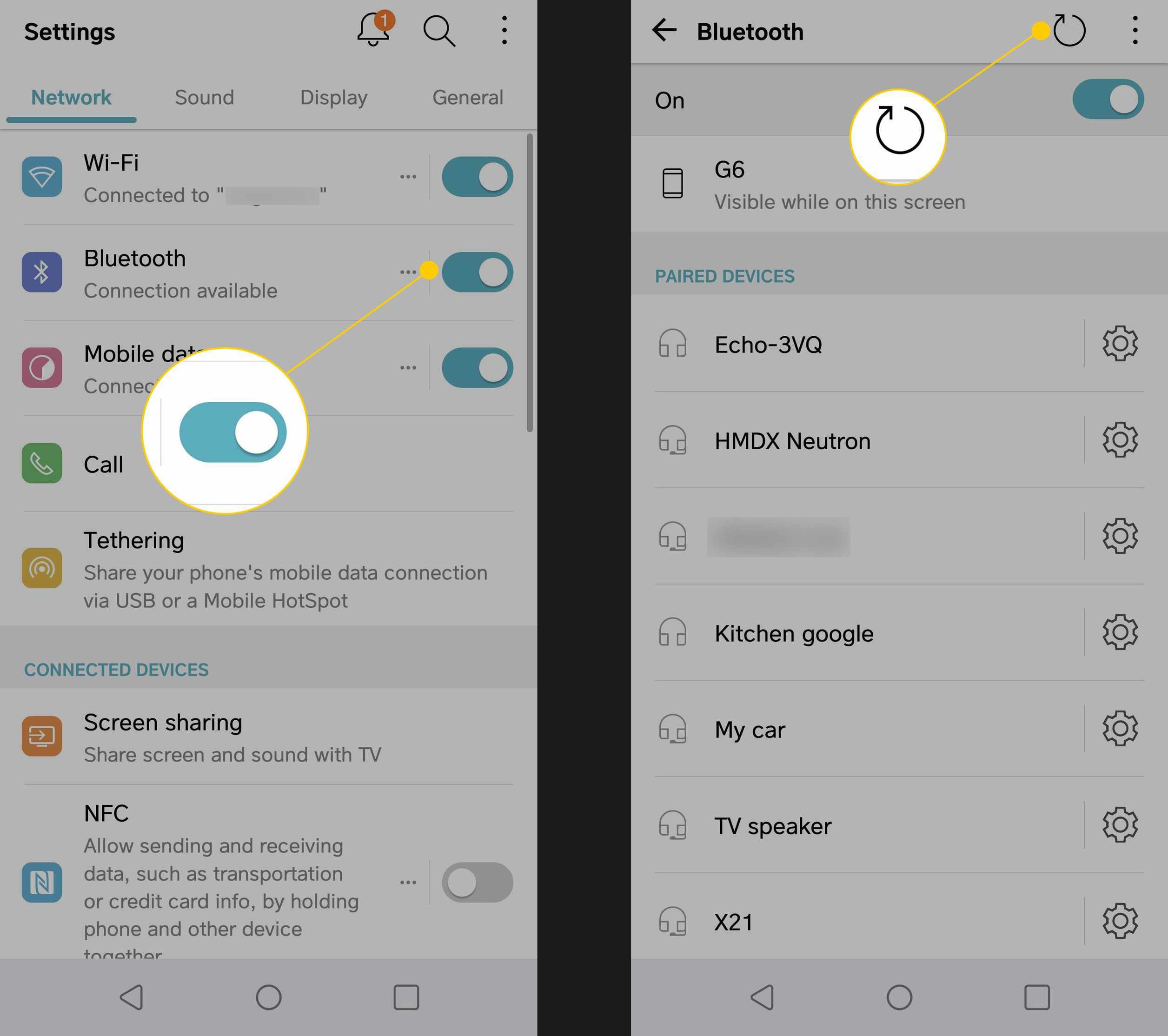 Настройки Android с выделенным переключателем Bluetooth и кнопкой обновления