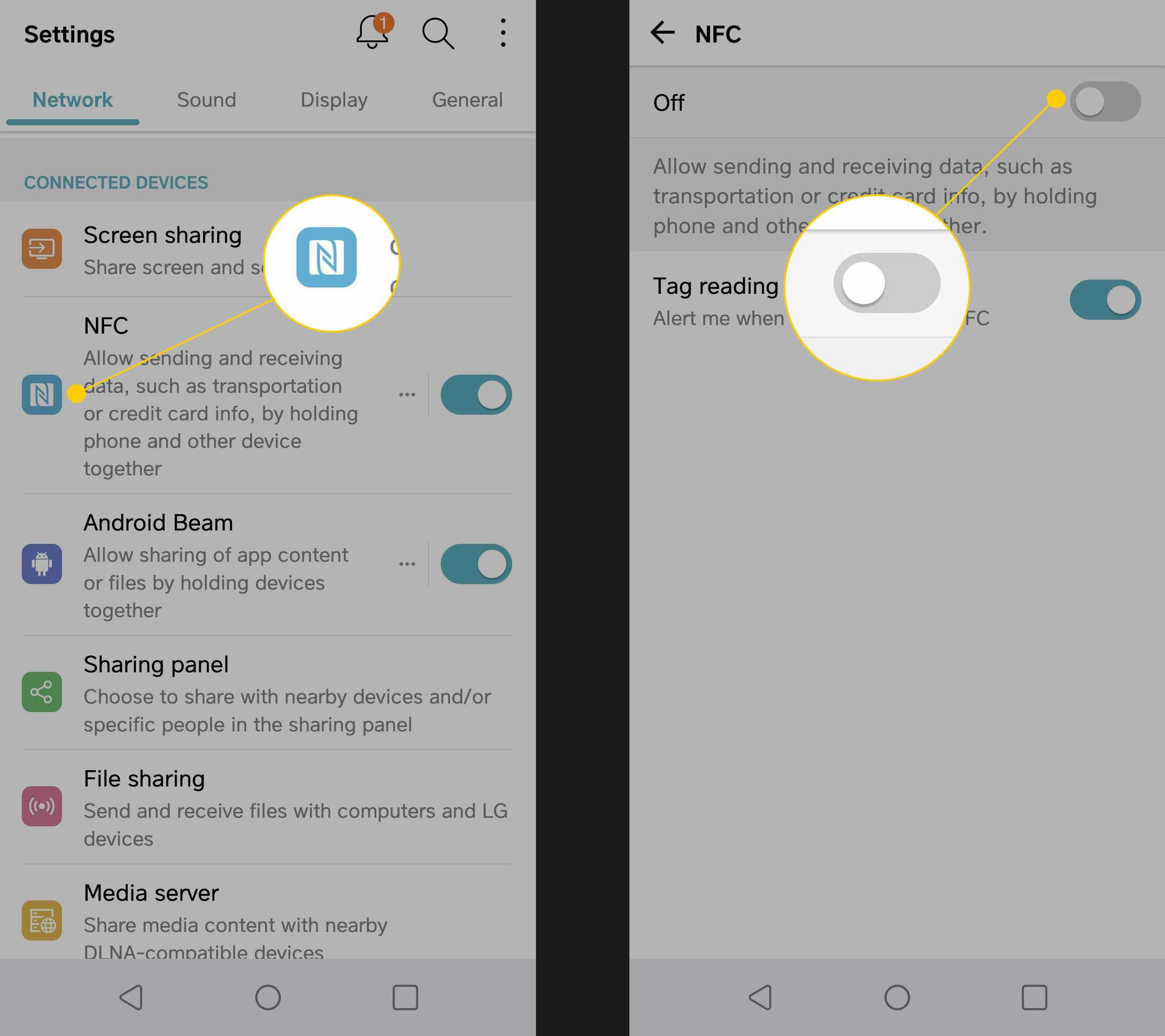 Настройки сети Android с выделенным заголовком NFC и переключателем