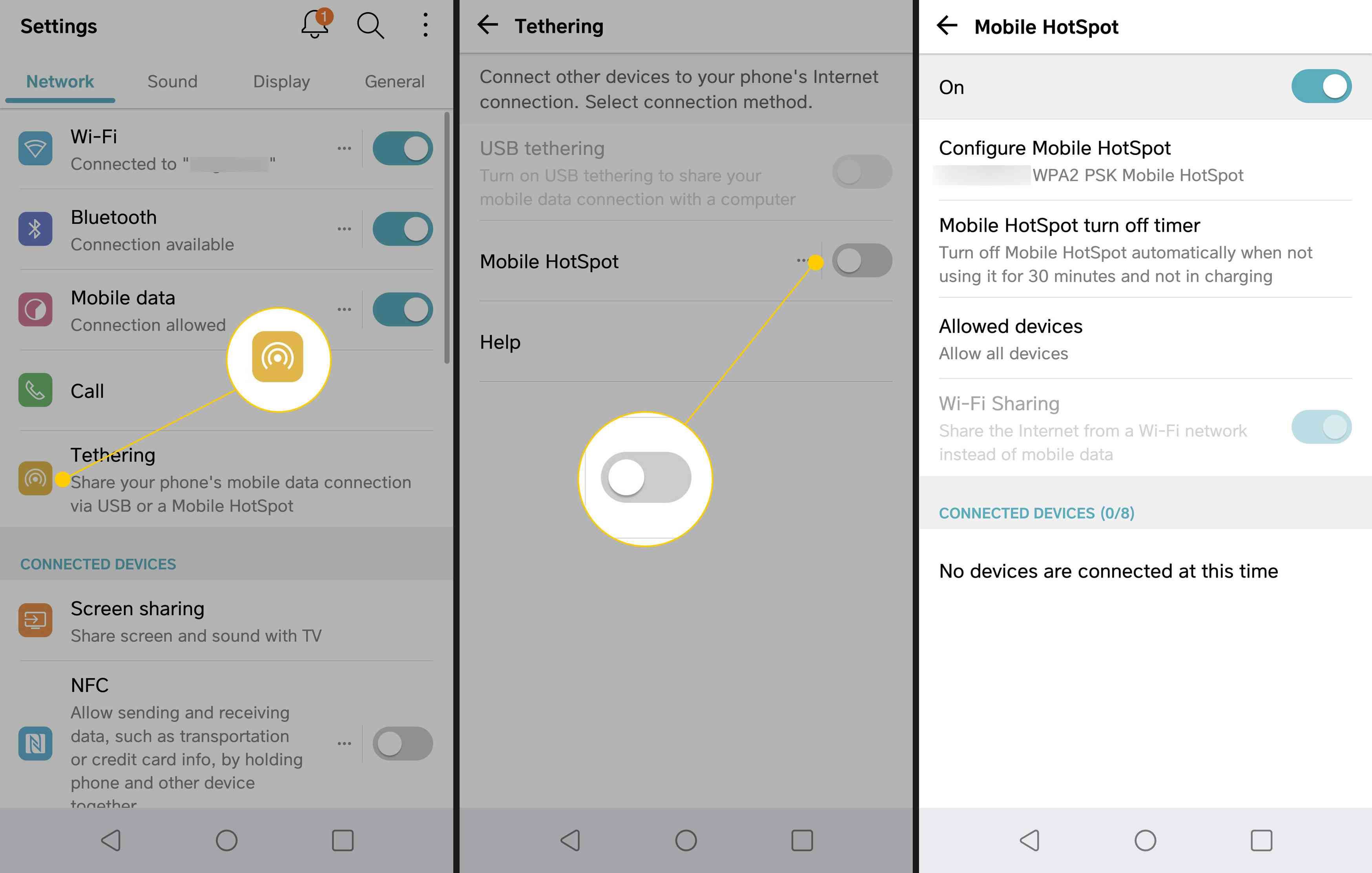 Настройки сети Android с выделенным значком модема и переключателем