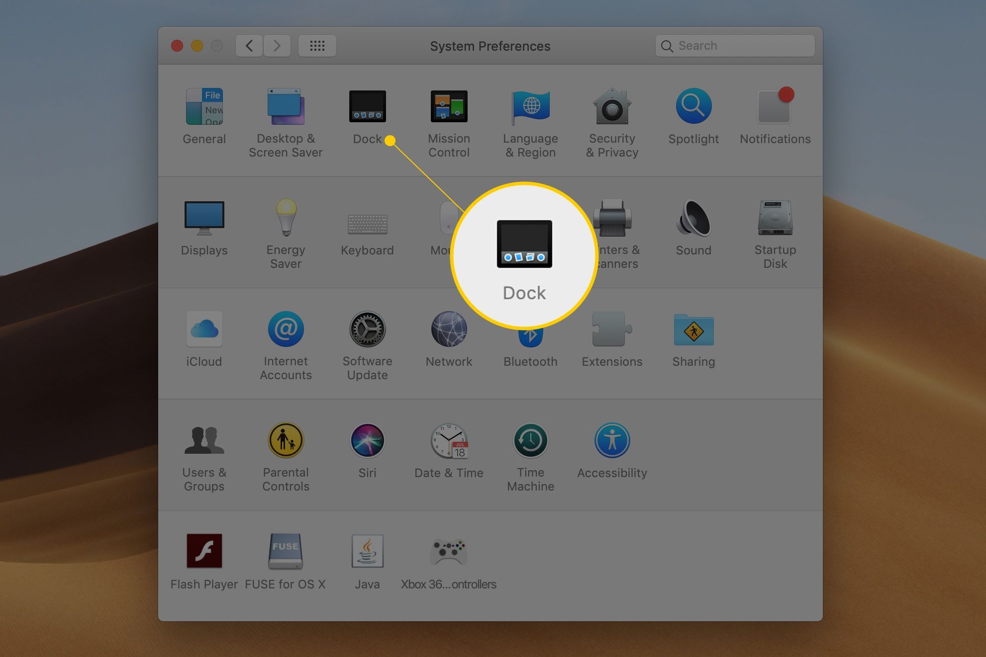 Значок Dock в приложении Mac OS «Системные настройки»