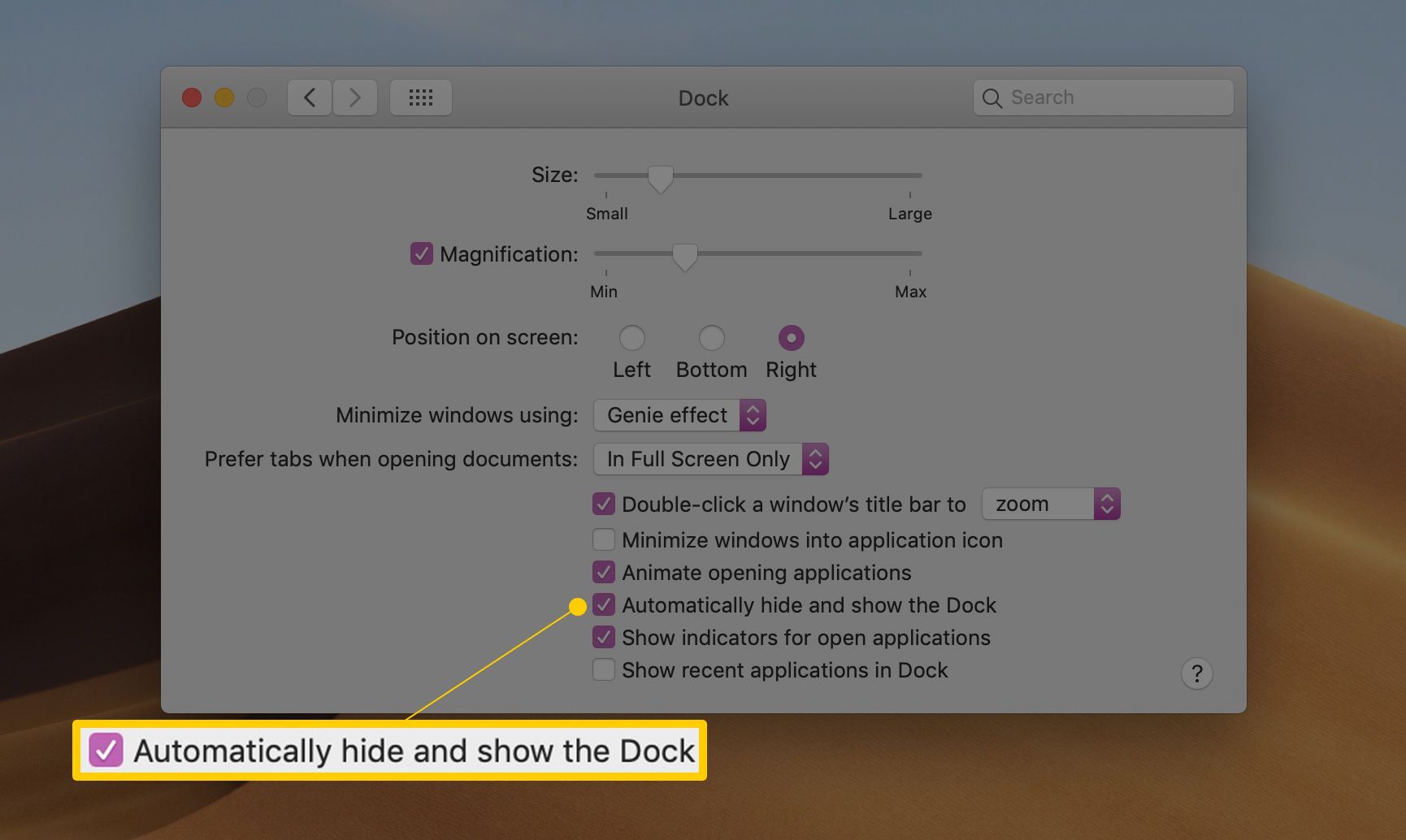 Автоматически скрывать и показывать Системные настройки Dock MacOS
