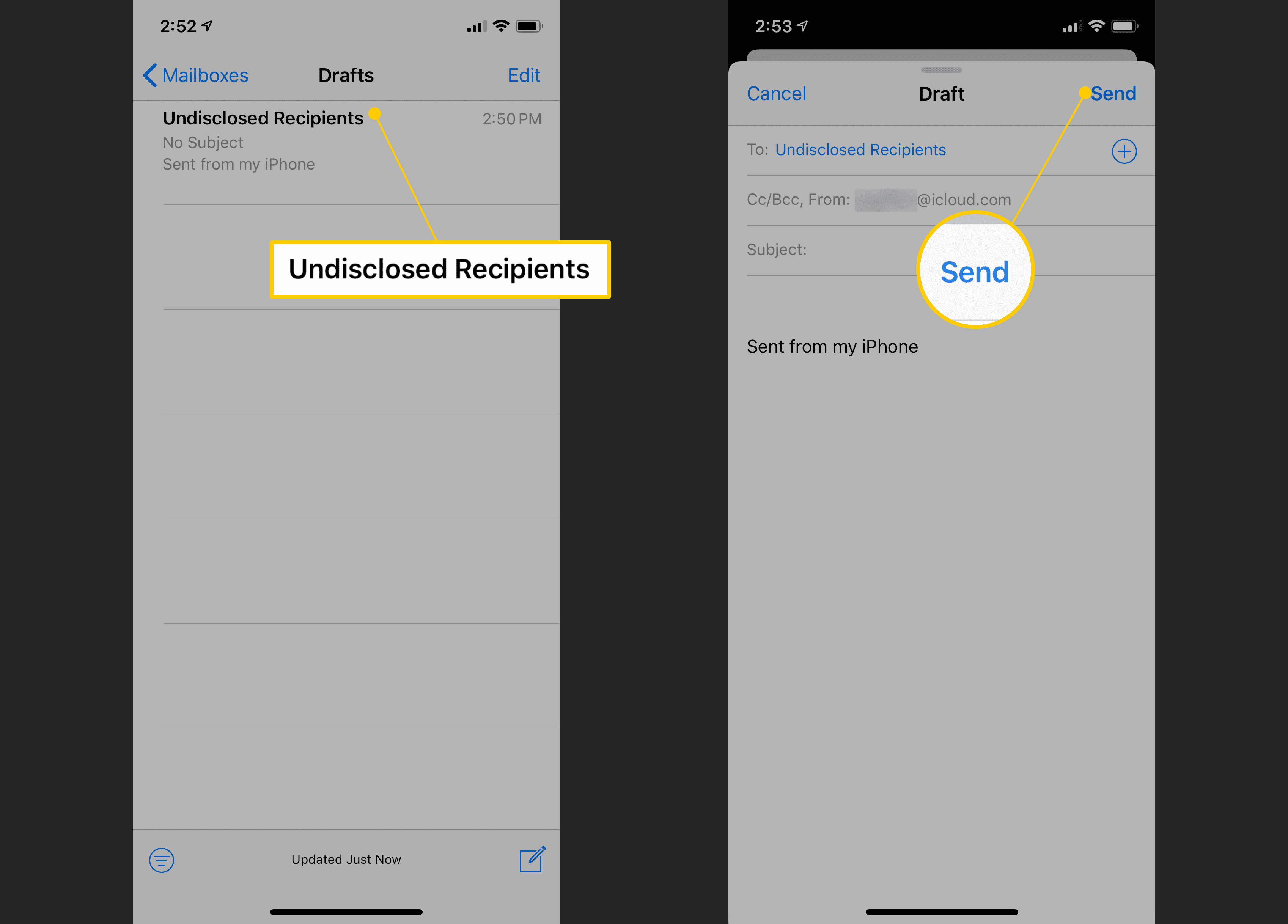 Черновик темы письма, кнопка «Отправить» в iOS Mail