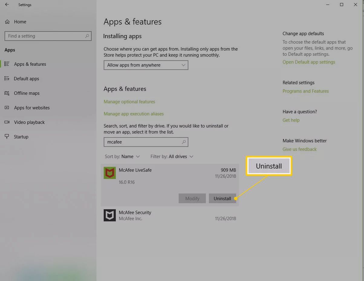 Кнопка удаления McAfee в Windows 10