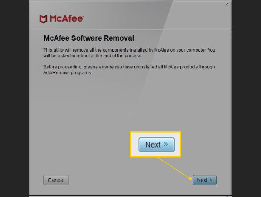 Кнопка «Далее» в окне удаления программного обеспечения McAfee
