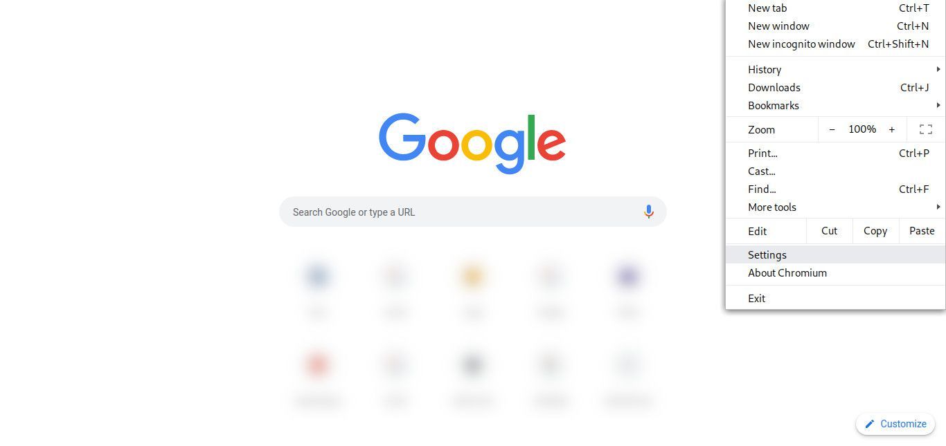 Главная страница Google Chrome с открытым меню