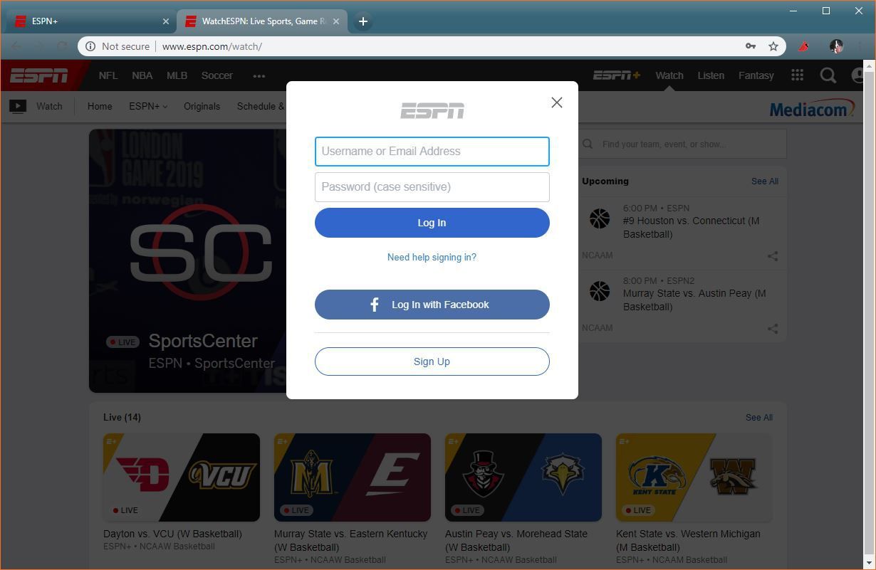 Скриншот экрана входа ESPN +.