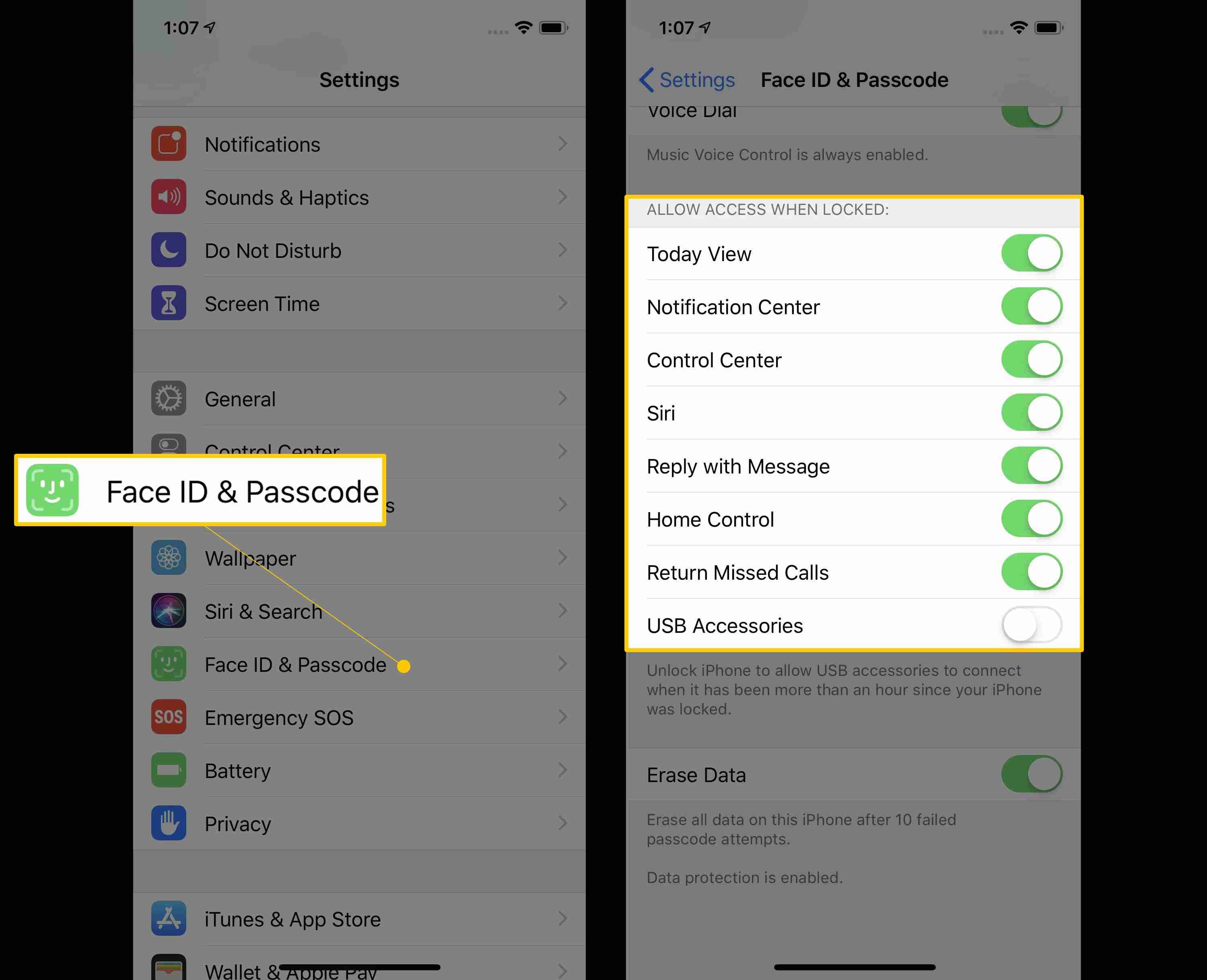 Идентификатор лица и пароль, затем разрешить доступ при заблокированном разделе в настройках iOS