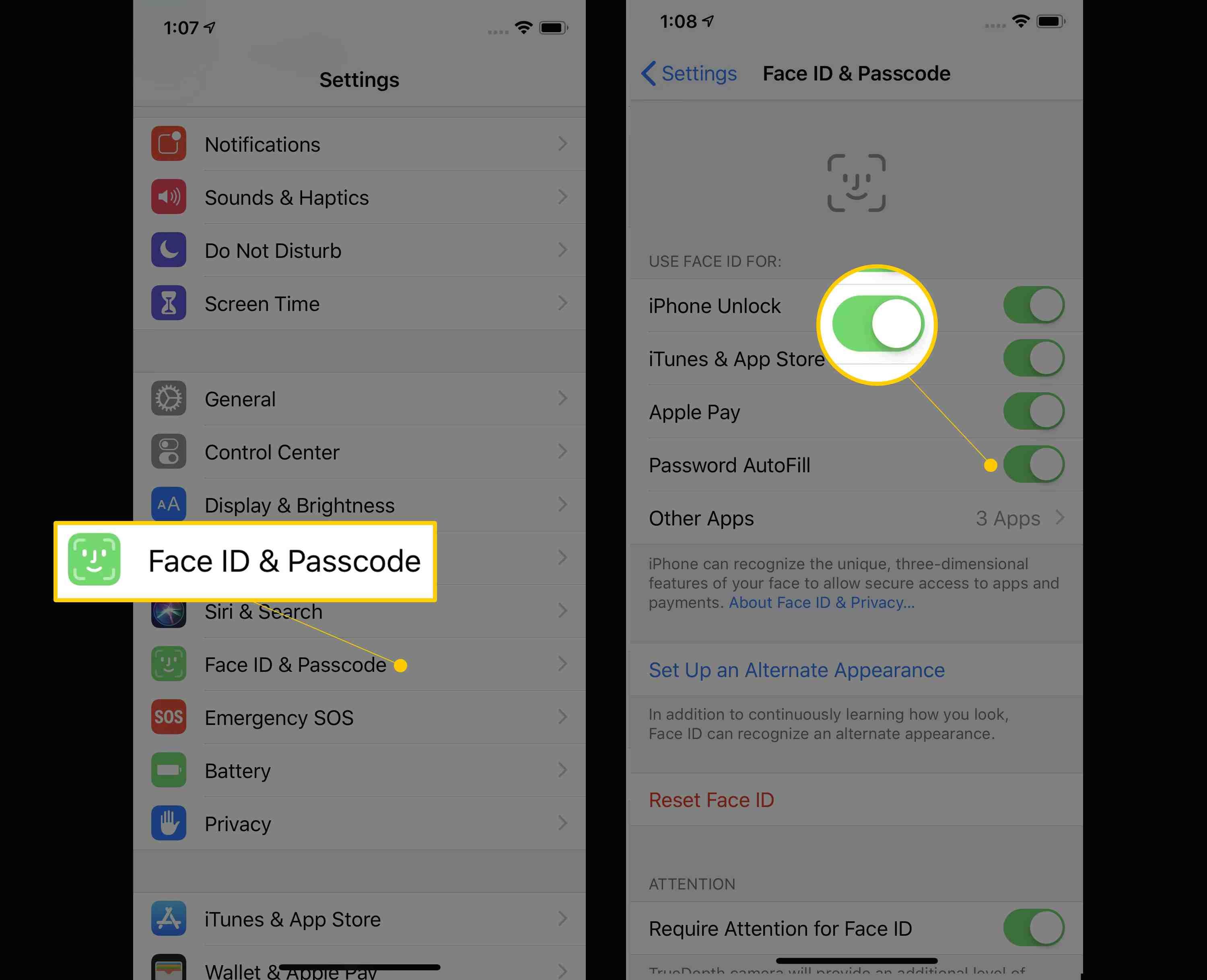 Идентификатор лица и пароль, автозаполнение пароля в настройках iOS включено