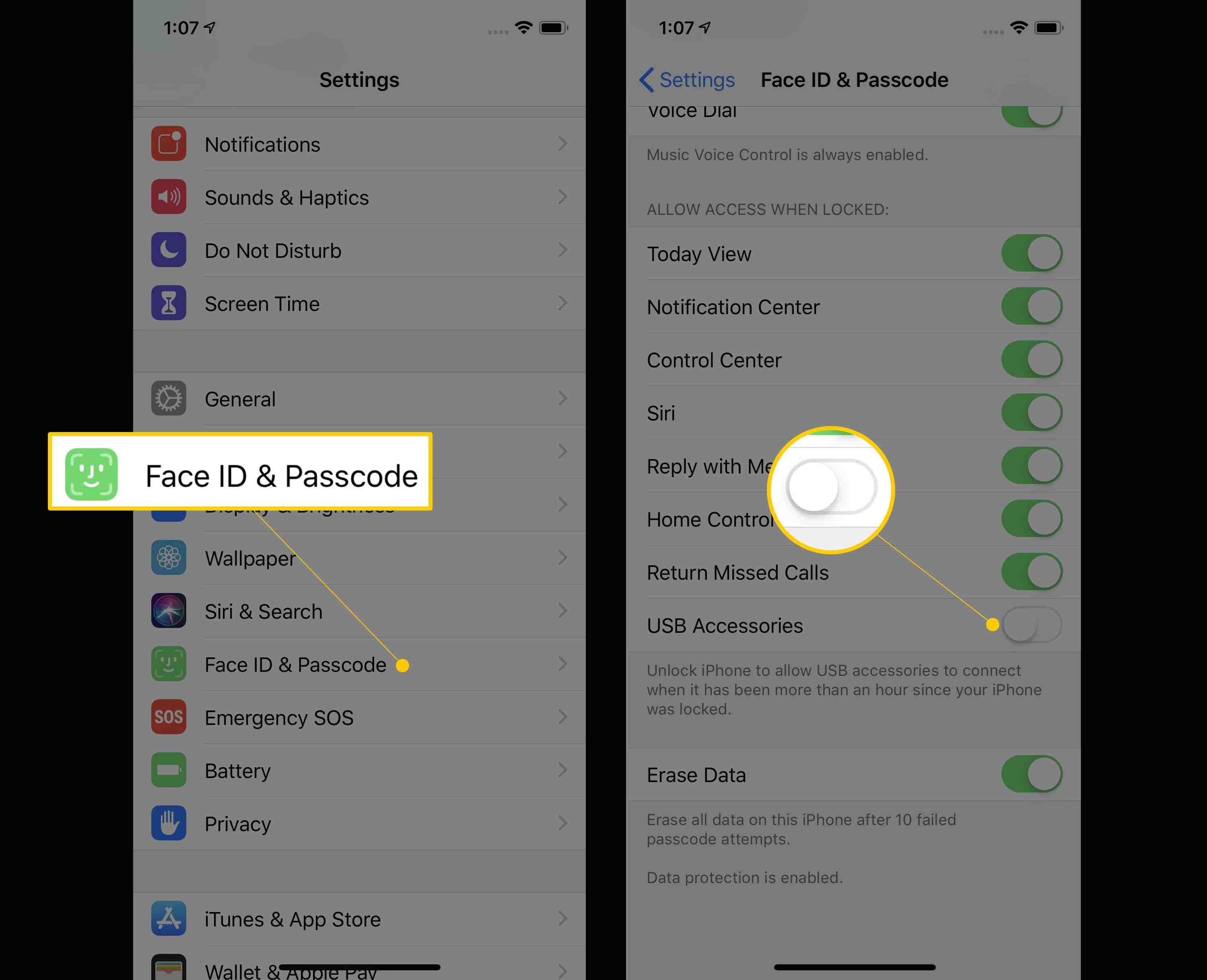 Идентификатор лица и пароль, USB-аксессуары отключены в настройках iOS