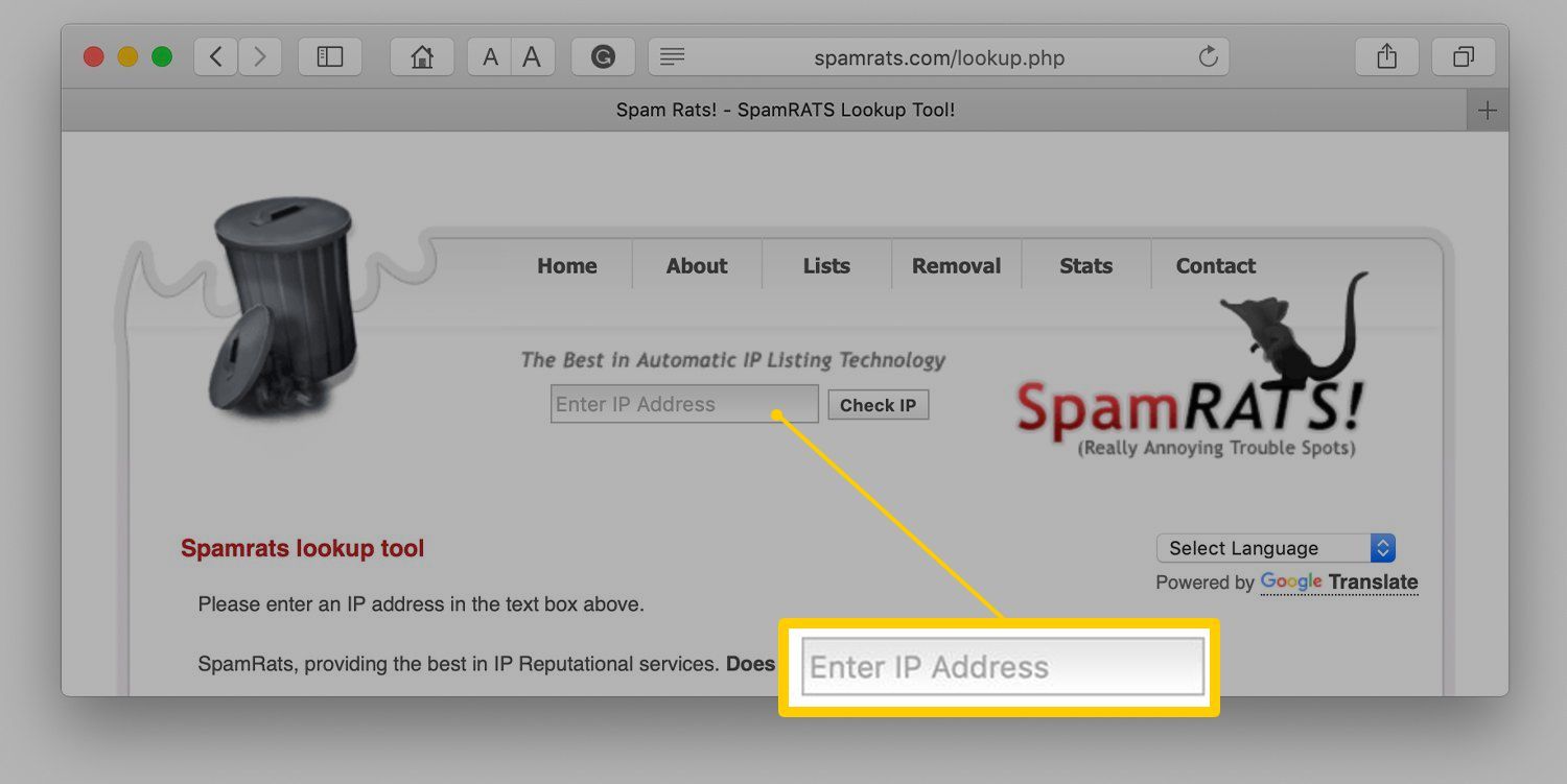 Введите поле IP-адрес на сайте SpamRATS