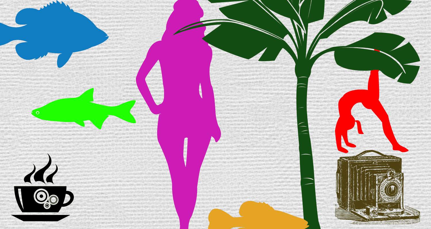 Фотошоп формы дерева, рыбы, напитка и женщины