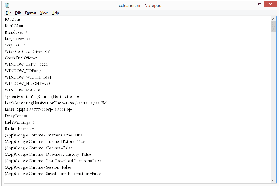Скриншот файла INI в программе CCleaner