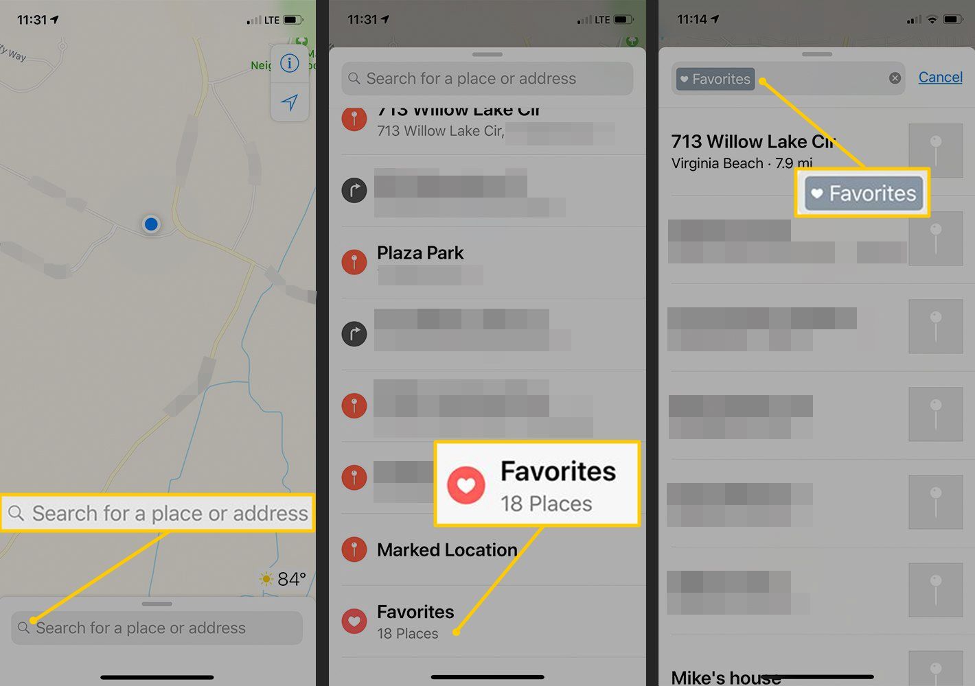 Поле поиска, избранные места, метка избранного на iOS-картах