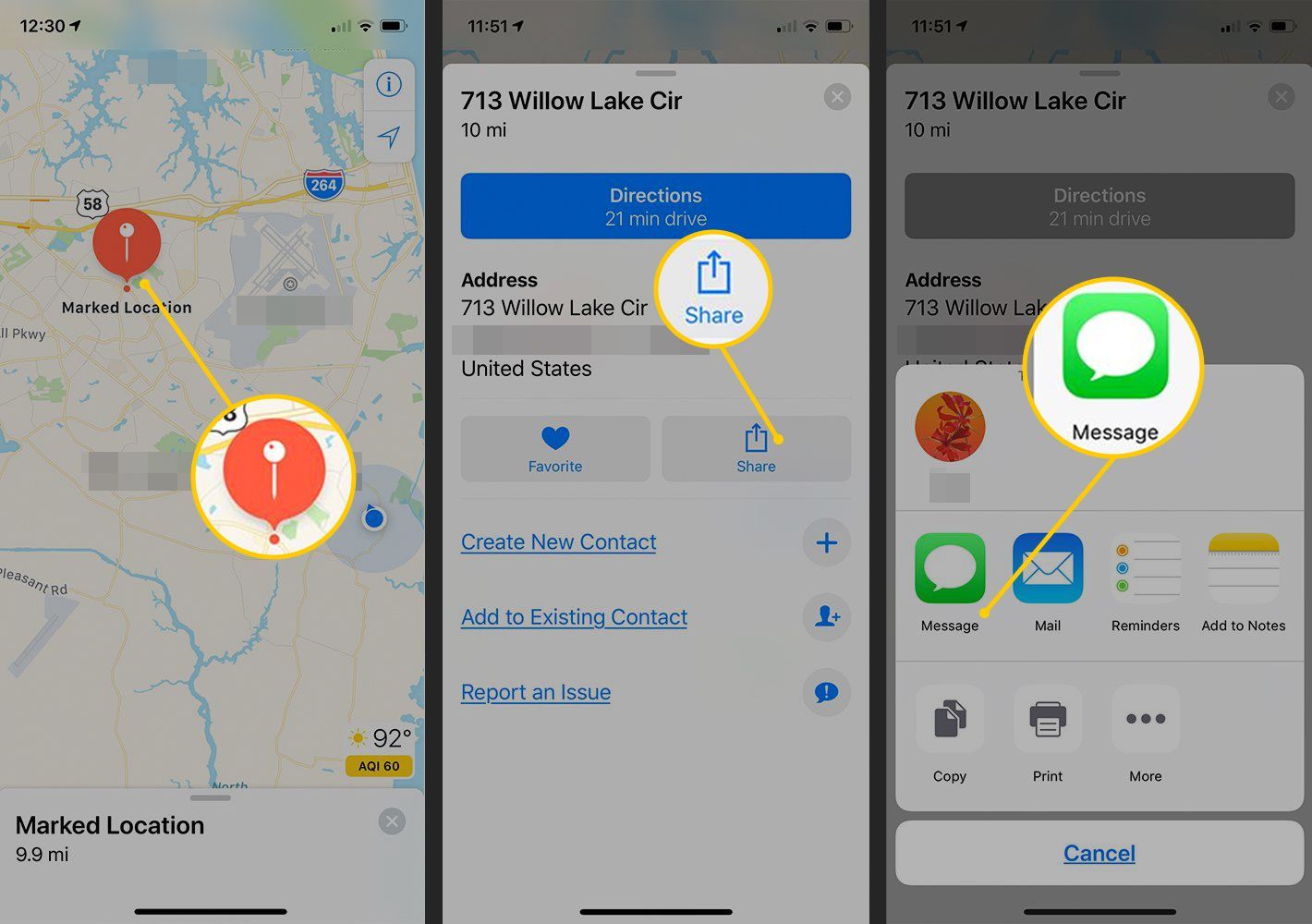Помеченное местоположение, кнопка «Поделиться», кнопка «Сообщение» в iOS Maps