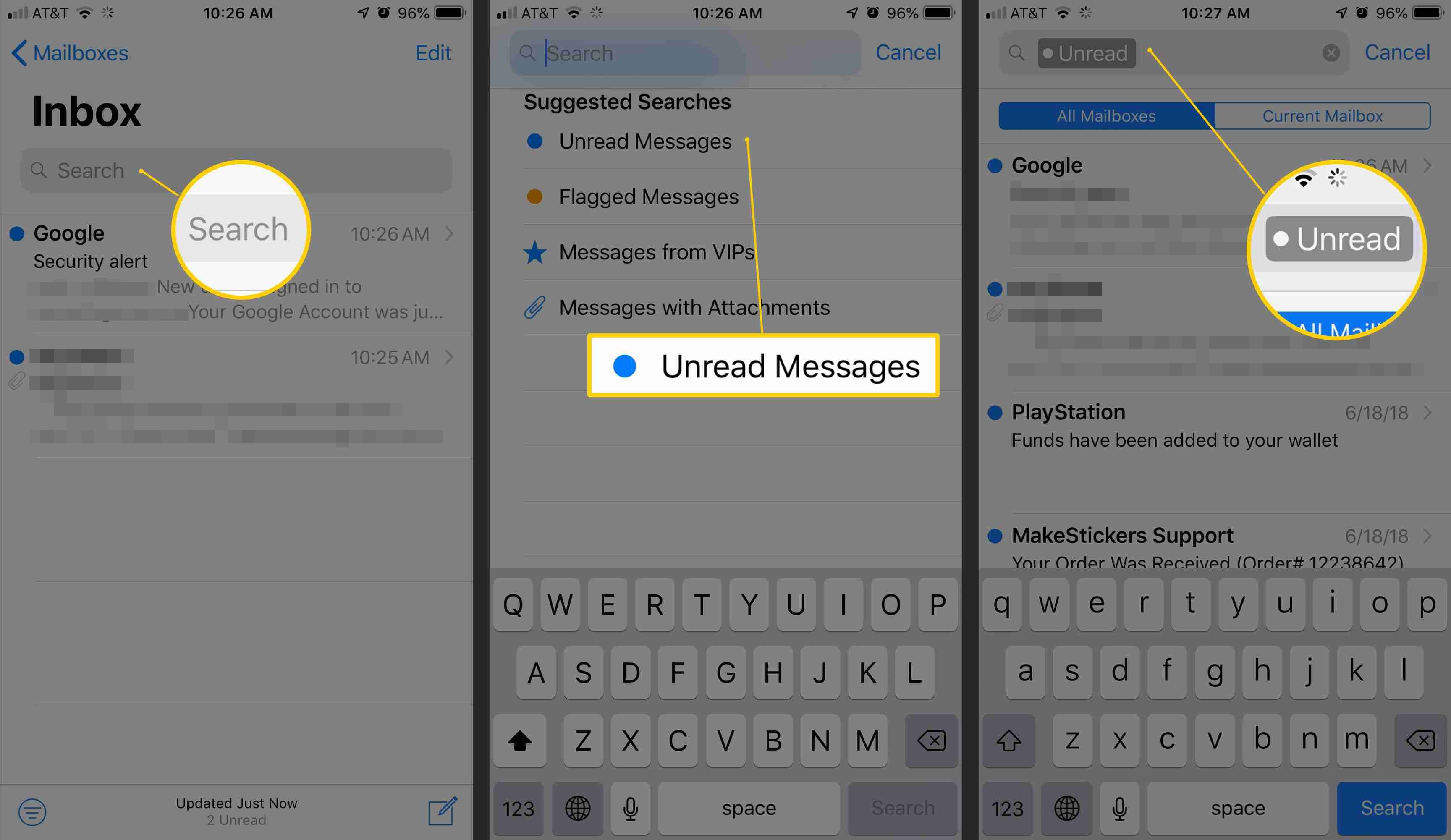 Три экрана iOS с приложением Почта's Search, Unread Messages and Unread search term